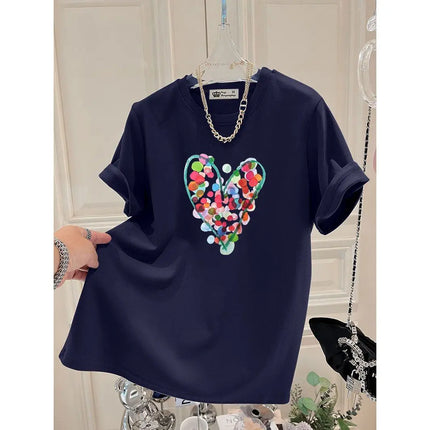 Summer Fashion Hand-Painted Polka Dot Printing T-shirts Women Pure Cotton O-neck Short Sleeve Top Tees Casual Loose Pullover