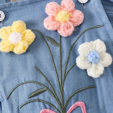 Baby Girl Soft Denim 3D Flower Embroidered Flutter Overall Romper + Bow Headband, Cute 2-Piece Outfit