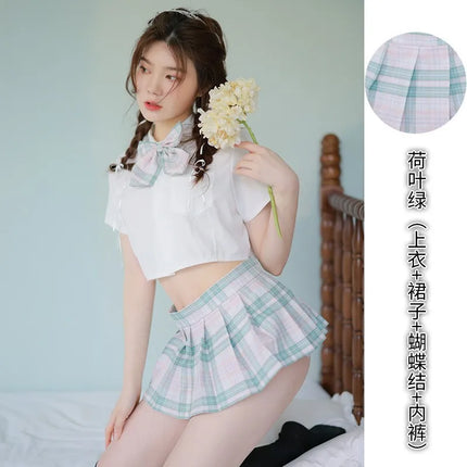 Sexy Pleated Skirt Lingerie Set Women's Passionate JK Uniform Cute Student Short Skirt Roleplay Costume Polyester Fabric