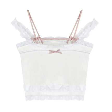 Pink Japanese Kawaii Lolita Crop Top Women White Korean College Style Sweet Tank Top Bow Lace France Princess Vset Female 2023