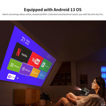 AUN Android Projector A32 Pro MINI Cinema Home Theater Smart TV Phone 3D HDMI WIFI for 4K 1080P Movie Portable Video Projector