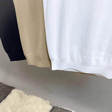 Ice Silk Knitted Top Women's Summer Thin Shoulder Drop Round Neck Short Sleeve T-shirt Pure Color Commute Style Outerwear