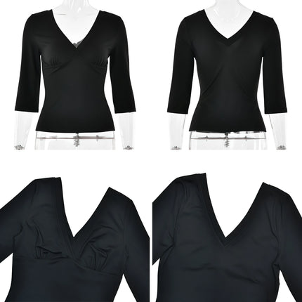 Absobe Women Sexy Deep V Mid Sleeve Top Minimalist Solid Color Sexy Y2K Slim Casual Tee 2026 Spring Summer Outfit Streetwear