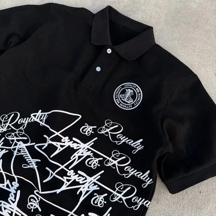 Men's Summer Retro American-style Trendy Men's Short-sleeved Polo Shirt with Graffiti Print Dark Street Style Outfit