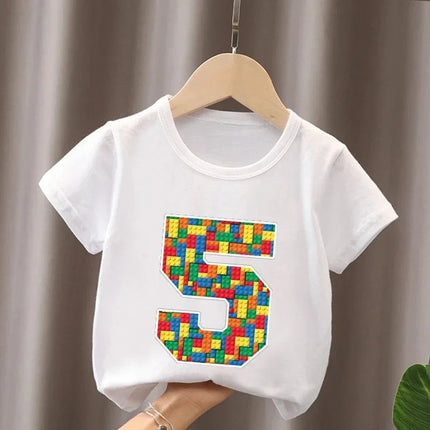 Summer Cotton Children's T-Shirt Building Blocks Bricks Print Number Cartoon Kid 2-9Y Birthday Funny Baby Tee Top Boy Girl Clothes