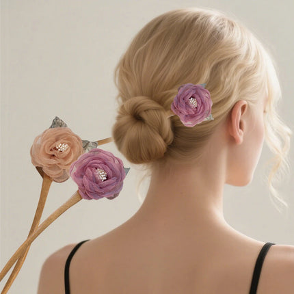 New Rose Hair Stick Bun Flower for Women Girls Elegant Wooden Hair Fork Chinese Style Fashion Hairpin Hair Accessories Headwear