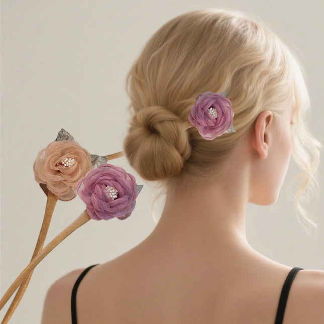 New Rose Hair Stick Bun Flower for Women Girls Elegant Wooden Hair Fork Chinese Style Fashion Hairpin Hair Accessories Headwear