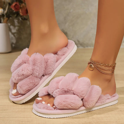 Women's Furry Slippers Homen Women Cross Fur Flip Flops Indoor Light EVA Soft Flat Shoes Autumn Winter Non Slip fluffy Slides