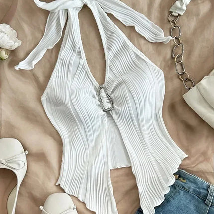 Sexy V-neck Halter Neck Crop Top for Women Summer Sleeveless Solid Split Backless Top Y2K Clothes