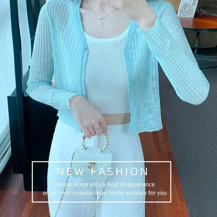 Slim Fit Knitted Long Sleeve Short Cardigan Women's Summer New Style Korean Version Thin Outerwear Pure Color Sun Protection Shi