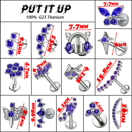 F136 Titanium Alloy Fashion Purple Zirconia Stud Earring Set with Cartilage Piercing Lip Stud and Ear Lobe Body Piercing Jewelry