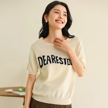 Women's Summer T-shirt 100% Pure Cotton Casual Solid O-neck Pullover Loose Fit Short Sleeve Fashion Sweater