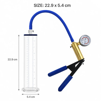 Sex Toys Vacuum Pump Trainer with Clear Acrylic Measuring Cylinder Blue Hose Metal Pressure Gauge and Manual Air Control Handle