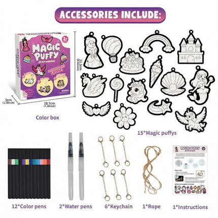 37Pcs 3D Foam DIY Painting Kit with plush charms, pens & keychains, multi-theme craft toy, decorative gift for kids