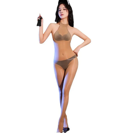 Women Crotchless Jumpsuit Erotic Lingerie Ultra Thin Oily Shiny Glossy Pantyhose Transparent Stretchy Body Stockings