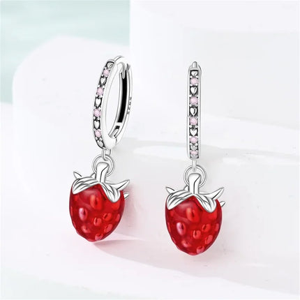 Original Earrings 925 Silver Fruit Series Cherry Strawberry Hoop Earrings Ear Studs Zircon Making Jewelry for Women Girl Party