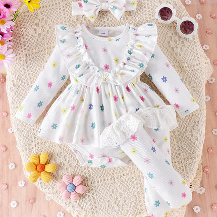 3PCS Autumn New Style 0-1 Year Old Newborn Girl Baby Sweet And Cute Printed Long-Sleeved Clothes + Socks Hair Bands