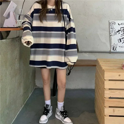 Women's Autumn T-shirt Striped Top Sweatshirt 2024 Korean Fashion Long-sleeved T-shirt Spliced Loose Couple Oversized Hoodie