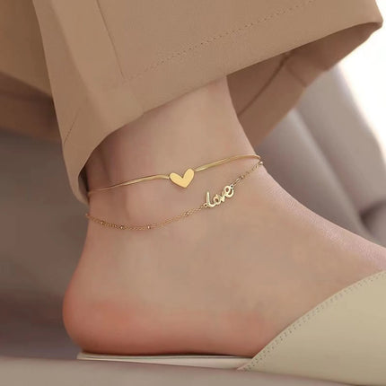 1PC Multilayer Stainless Steel Link Chain Anklet Heart "LOVE" Foot Ankle Layered Bracelets For Women Leg Chain Jewelry 20cm long