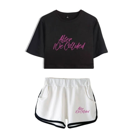 Youthful Black White After We Collided Girl Dew navel Two Piece Set Sexy Short Sleeve Crop T-shirts+Shorts Pants Tracksuit