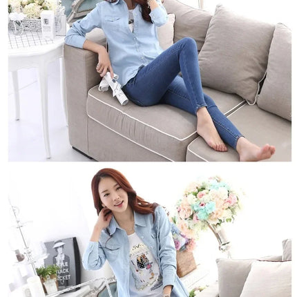 Slim Fit Cotton Denim Shirt Long Sleeve Women's Spring Autumn Summer Student Professional Outerwear Fashionable Casual Top