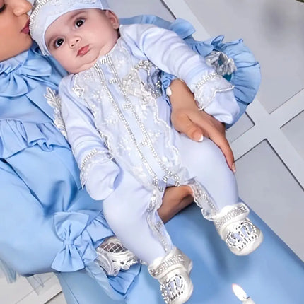 Original UK Prince Take Me Home Outfit Baby Crown Jewels set Baptism Bling Outfit Rubybelleb Light Blue 3pcs Layette Swaddle Set