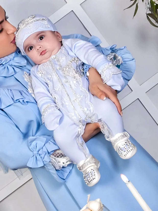 Original UK Prince Take Me Home Outfit Baby Crown Jewels Set Baptism Bling Outfit Rubybelleb Light Blue 3-piece Layette Swaddle Set