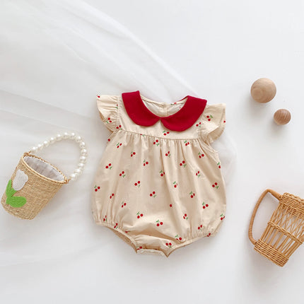 7397 Baby Princess Romper Cherry Printed Longsleeve Cotton Jumpsuit Baby Clothes Infants Outfit