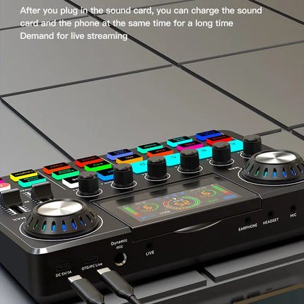 Audio Mixer, Live Sound Card with DJ Mixer Effects & Voice Changer, Sound Board with RGB, Music Recording Equipment