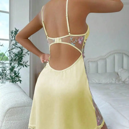 Sheer Embroidered Mesh & Satin Deep-V Chemise Nightgown – TikTok Viral Sensation in EU/US