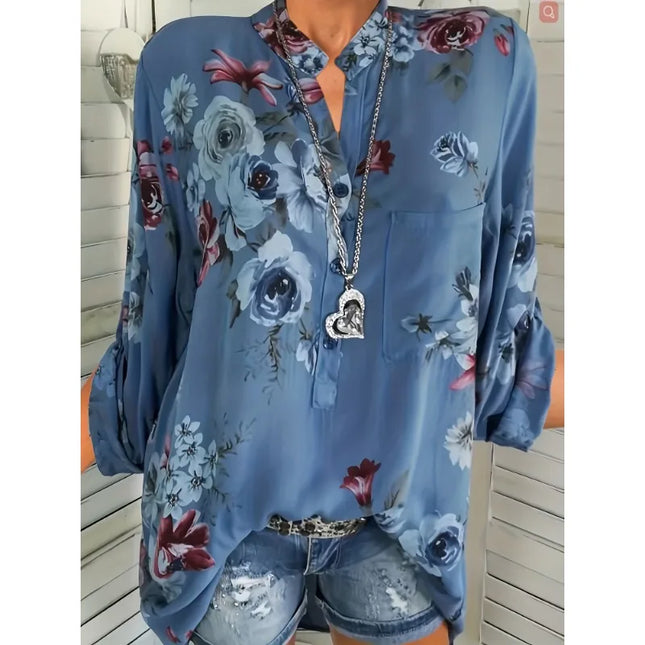 Plus Size 1XL-5XL Summer New Women's Fashion V-neck Pull-up Long Sleeved Printed Shirt Ladies Casual Standing Collar Blouse