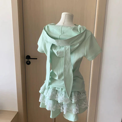 Japanese Cute Rabbit Ears Slim Hoodies Female Green Sweet Short-sleeved Outfits Women Summer Subculture Y2k Otaku Tops 2025 New