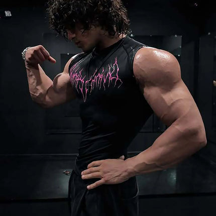 GYM T-shirt Men's Dark Gothic Print Muscle Tee  High Elasticity And Quick Drying Exercise For Bodybuilding Training 2025 Summer