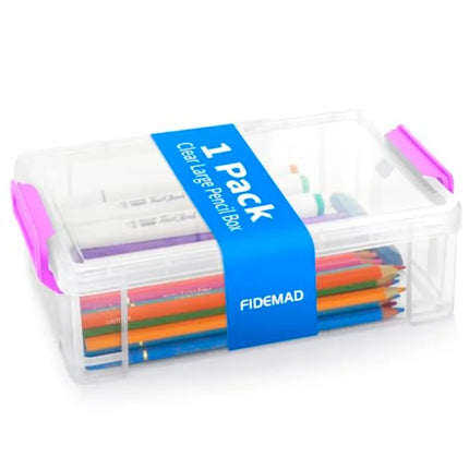 Clear Plastic Pencil Box - Extra Large Stackable with Secure Lid, Hard Storage Organizer Box for Crayons, Markers, Pens, Classr