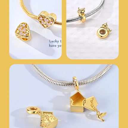 Gold Color Charms 925 Sterling Silver Original Golden Safety Chain Round Spacer Clip Charm DIY Jewelry For Women Bracelet Gift
