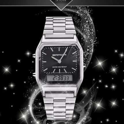 SANDA P747  Dual Display Clock Unisex Waterproof Sports Quartz Watch Luxury Mens Style Watches Stainless Steel Women LED Digital