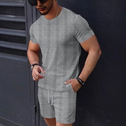 Summer men's new jacquard solid-color simple and fashionable comfortable round-neck short-sleeved short pants set