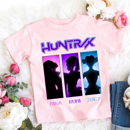 2026 New Style Korean-style Demon Hunter Printed Cotton Fashion Casual Round-neck Cartoon Girls' T-shirt for Summer