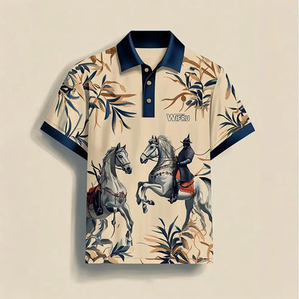 2026 New Men's Retro Equestrian Print Polo Shirt Comfortable Summer Outdoor Vacation Style Top WIFRU Casual Fashion Menswear