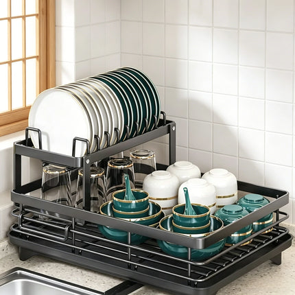 2-Tier Adjustable Carbon Steel Dish Drying Rack Kitchen Counter Dish Drainer Plates Bowls Cutlery Storage Organizer