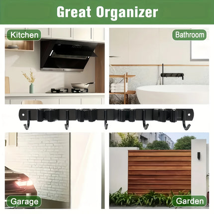 1 Heavy-Duty Metal Tool Rack with 4 Slots and 5 Hooks - Wall-Mounted Storage for Garden Tools, Brooms, Mops, and Garage Equipment, Tool Rack Storage, Black