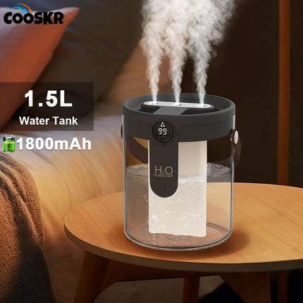 1.5L Air Humidifier Large Capacity Home Humidifier Silent Mist Maker 1800mAh Battery USB Rechargeable Humidifier with LED Light