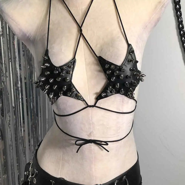 Gothic Emo Punk Women's Spiked Grunge PU Leather Tank Top Y2K Alternative 90s Vkei Studded Cyber Goth T-shirt 2000s ALT Clothing