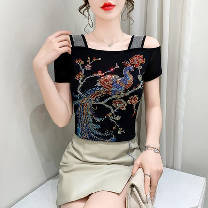 New Summer European Clothes Women's T-Shirts Luxury Butterfly Hot Diamonds Tees Sexy Streetwear Off-Shoulder Tops Shirt