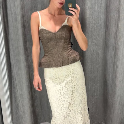 Women Solid Deep-v Satin Camisole Corset Top Elegant Double-strap Fitted Cropped Back-tie 2026 Chic Versatile Date Lady Tops