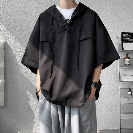 2026 Summer Men Hooded Shirt Korean Half Sleeve Pullover Streetwear Hip Hop Loose Shirt Tops Drawstring Men Clothing M-5XL