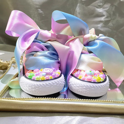 Random Lollipop Rainbow Candy Canvas Simulation DIY Kids Pearls Sneakers For Girl Birthday Party Dollbling Handmade Bling Shoes