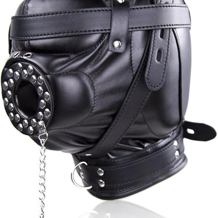 BDSM Bondage Headgear PU Leather Lockable Hood Mask with Openable Mouth Gag Funnel Sensory Deprivation Head Hood Sex Toy