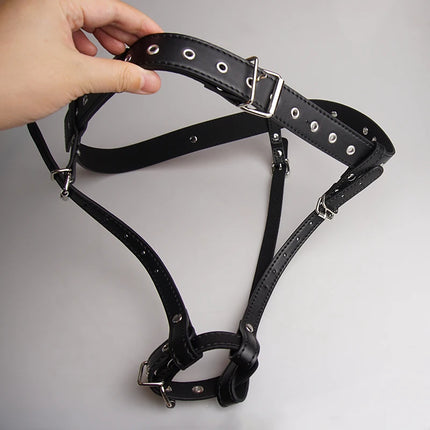 Leather Vibrator Harness Chastity Strap,BDSM Chastity Forced Orgasm Belt,Vibrating Wand Bondage Restraints,Sex Toys for Couples