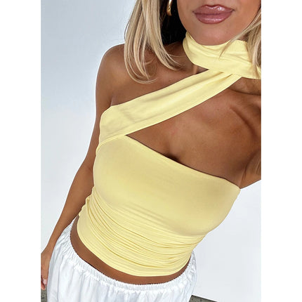 Hugcitar Women Elegant Halter Scarf Strapless Ruched Solid Sexy Slim Crop Tank Top 2025 Summer Casual Clothes Streetwear Party